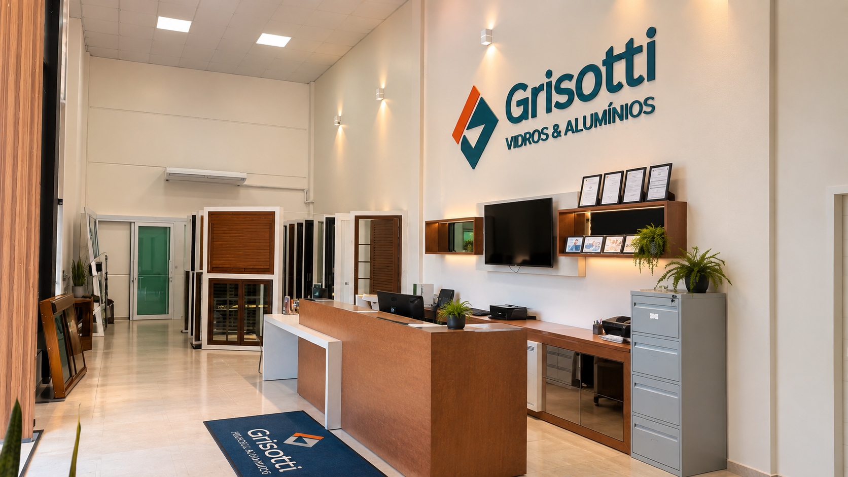 Showroom e recepção da Grisotti Vidros & Alumínios